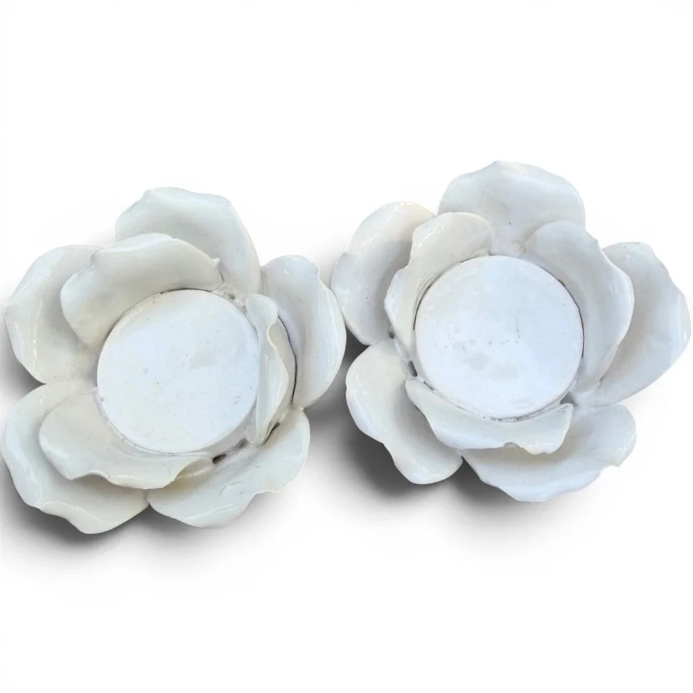 Tea Light Candle Holder Set White Ceramic Rose Vintage Floral Shabby Chic Decor